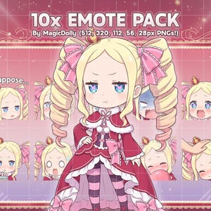 Puede incluir: Un paquete de arte digital que presenta un personaje de dibujos animados con cabello rubio y ojos azules, con un vestido rojo. La imagen incluye el texto "10x EMOTE PACK" y varias expresiones faciales, como sorpresa y tristeza. El fondo es rosa.