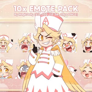 May include: A digital emote pack featuring ten illustrations of a blonde character in a white and pink military-style uniform with a tall hat. The text reads 10x EMOTE PACK By MagicDolly (512, 320, 112, 56, 28px PNGs!) in a soft peach frame.