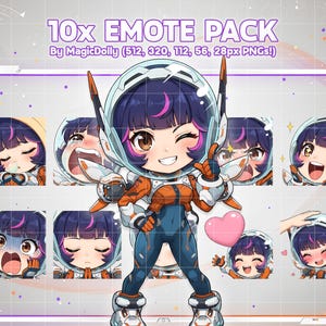 May include: A digital emote pack featuring ten illustrations of a character in a space suit with dark hair and pink highlights. The text reads 10x EMOTE PACK By MagicDolly (512, 320, 112, 56, 28px PNGs!). The character displays various expressions.