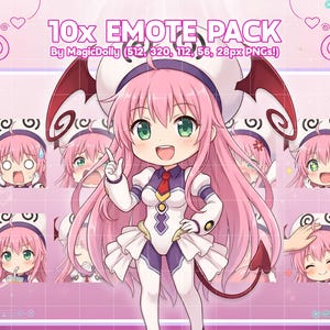 May include: A digital art pack featuring a cute anime-style character with pink hair and green eyes. The pack includes 10 different emotes with various expressions, set against a pink background with the text "10x EMOTE PACK".