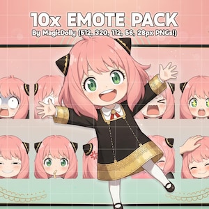 Könnte beinhalten: Ein digitales Kunstpaket mit einer Zeichentrickfigur mit rosa Haaren und grünen Augen in verschiedenen emotionalen Posen. Das Bild enthält den Text "10x EMOTE PACK" und "By MagicDolly". Die Figur trägt ein schwarzes Kleid mit goldenen Akzenten.