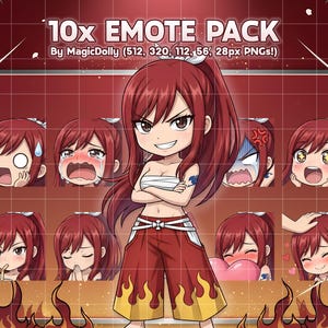 Può includere: Un pacchetto di emote digitali con dieci illustrazioni in stile chibi di un personaggio dai lunghi capelli rossi. Il personaggio indossa una fascia bianca sul petto e pantaloni rossi con motivi a fiamma gialli. Il testo recita 10x EMOTE PACK By MagicDolly.