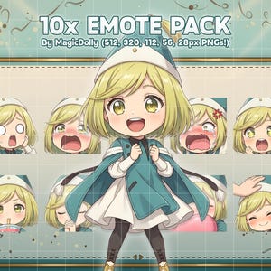 Puede incluir: Un paquete de arte digital con un personaje de dibujos animados con diversas expresiones faciales. La imagen incluye el texto "10x EMOTE PACK" y "By MagicDolly". El personaje lleva un atuendo azul y blanco y un sombrero a juego. El fondo es de color verde azulado claro.