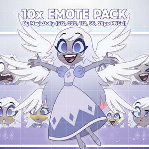 Op de afbeelding: Een digitale kunstafbeelding met een cartoon engel met wit haar, vleugels en een blauwe jurk. De afbeelding bevat de tekst "10x EMOTE PACK" en toont verschillende gezichtsuitdrukkingen. De achtergrond is lichtpaars met decoratieve elementen.