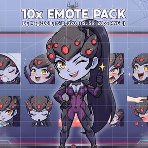 May include: A digital emote pack featuring 10 chibi-style illustrations of a purple-skinned character with a spider-themed helmet. The text reads 10x EMOTE PACK By MagicDolly (512, 320, 112, 56, 28px PNGs!) with various expressions and poses.