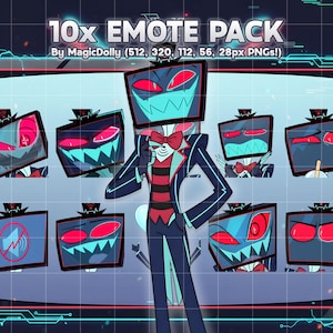 Può includere: Un'illustrazione digitale di un 10x EMOTE PACK di MagicDolly che raffigura un personaggio con uno schermo televisivo al posto della testa, occhi rossi e una bocca frastagliata. Il personaggio indossa un abito scuro a righe rosse e un papillon rosso.