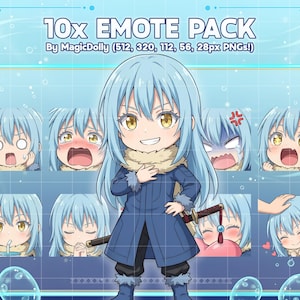 May include: A digital emote pack featuring ten chibi-style illustrations of a blue-haired character with yellow eyes. The character wears a dark blue coat with a fur collar and carries a sword. Text reads 10x EMOTE PACK By MagicDolly (512, 320, 112, 56, 28px PNGs!).