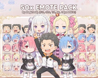 Re:Zero 50 Emotes Bundle, Rezero Anime Chibi Stickers Emoji for Discord/Twitch/YouTube (Digital Download)