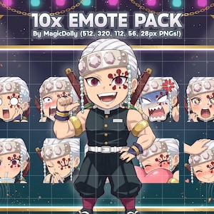 Könnte beinhalten: Eine digitale Grafik mit einem Charakter mit weißen Haaren, roten Akzenten und einem schwarz-grünen Outfit. Das Bild trägt die Aufschrift "10x EMOTE PACK" und zeigt verschiedene Gesichtsausdrücke. Der Hintergrund ist ein dunkelblaues Gitter mit dekorativen Elementen.