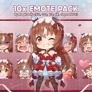 Puede incluir: Un paquete de emotes digitales con diez ilustraciones de personajes estilo chibi con cabello castaño y atuendos rojos y azules. El texto dice 10x EMOTE PACK By MagicDolly (512, 320, 112, 56, 28px PNGs!) y muestra varias expresiones faciales.