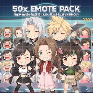May include: A digital collection of 50 chibi-style character emotes featuring various expressions. The pack includes illustrations of characters with spiky blonde hair, long silver hair, and brown hair, presented in 512, 320, 112, 56, and 28px PNG formats.