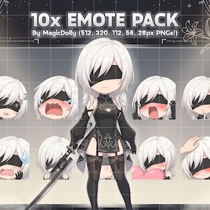 May include: A digital art pack featuring a character with white hair and a blindfold, showcasing various emotional expressions. The image includes the text "10x EMOTE PACK" and the creator's name.