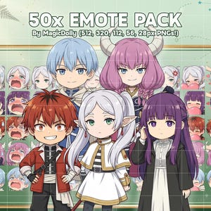 Könnte beinhalten: Eine digitale Sammlung von 50 Anime-Emotes mit verschiedenen Gesichtsausdrücken. Das Bild zeigt den Text 50x EMOTE PACK By MagicDolly (512, 320, 112, 56, 28px PNGs!) über mehreren Chibi-Charakteren mit unterschiedlich gefärbten Haaren.