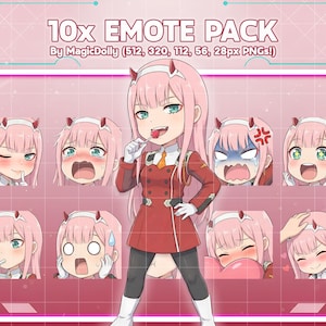 Könnte beinhalten: Ein digitales Kunstpaket mit 10 Emotes eines Charakters mit rosa Haaren und roten Hörnern. Der Charakter wird mit verschiedenen Ausdrücken dargestellt, darunter Zwinkern, Überraschung und Wut. Der Text "10x EMOTE PACK" wird oben angezeigt.