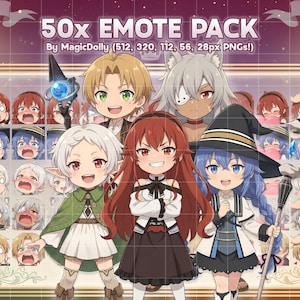 May include: A digital collection of 50 anime-style character emotes featuring various expressions. The text reads 50x EMOTE PACK By MagicDolly (512, 320, 112, 56, 28px PNGs!). The characters have diverse hair colors, including red, blue, white, and brown.