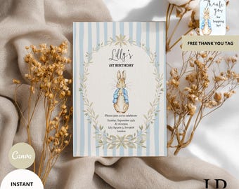 Peter Rabbit 1st Birthday Invitation, Editable Bunny Party (Digital Download)