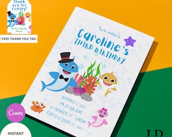 Baby Shark Birthday Invitation, Editable Canva Template, Under the Sea Party Invite, Printable Digital Download