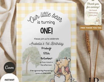 Winnie the Pooh Einladung zum 1. Geburtstag: Bearbeitbare Canva-Vorlage (Digitaler Download)