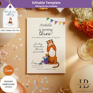 Könnte beinhalten: Eine Geburtstagseinladung mit dem Text "Arabella wird drei!" mit einer Illustration eines Tigers und eines Mädchens. Die Einladung enthält Datum, Uhrzeit und RSVP-Informationen. Ein passendes Dankeschön-Etikett ist ebenfalls enthalten.