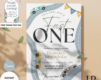 May include: A birthday invitation with a race car theme. The invitation features a light blue background with roads and toy cars. Text includes "Fast One" and details for Thomas's 1st Birthday. A thank you tag is included.