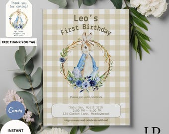 Peter Rabbit First Birthday Invitation, Garden Party (Editable Canva Template)