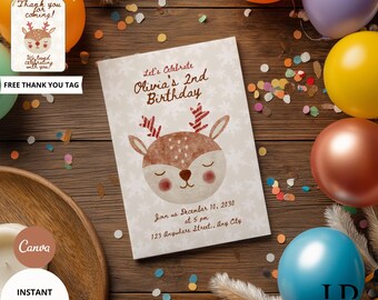 Hirsch Geburtstagseinladung, Winterparty, bearbeitbare Canva Vorlage (digitaler Download)