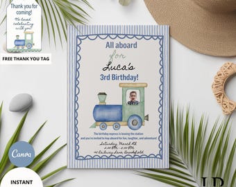 Train Photo Birthday Invitation, Editable Canva Template (Digital Download)