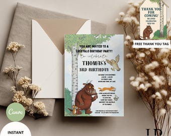 May include: A birthday party invitation with a Gruffalo theme. The invitation features illustrations of characters from the book, along with event details. Includes a free thank you tag. The words "Editable Template" and "Instant Download" are also visible.