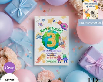 Invitación de cumpleaños espacial, temática galáctica, plantilla editable de Canva (descarga digital)