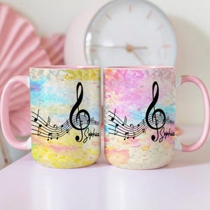 Personalized Music Mug, Custom Name Coffee Cup, Music Lover Gift, Watercolor Treble Clef Mug, Musician Birthday Present, Piano Teacher Gift
