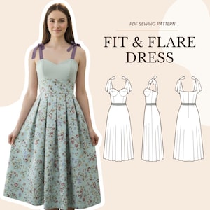Könnte beinhalten: Eine Frau trägt ein Fit-and-Flare-Kleid mit floralem Muster. Das Kleid hat ein hellblaues Oberteil und einen Rock mit Blumenmuster. Der Text "FIT & FLARE DRESS" ist abgebildet, zusammen mit Kleidmuster-Illustrationen.