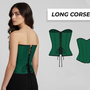 May include: A green long corset with black trim and lacing. The image shows a person wearing the corset, along with a flat illustration of the garment. The text "LONG CORSET" is displayed above the illustrations.