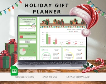 May include: A laptop displaying a Christmas gift tracker with charts and graphs. The screen shows a budget of $70.00 remaining. The words "HOLIDAY GIFT PLANNER" are at the top. A Santa hat and Christmas decorations are in the image. The text says "GOOGLE SHEETS, EASY TO USE, INSTANT DOWNLOAD."