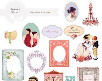 Regency Jane Austen Clip Art Ser of 15: Vintage Scrapbooking, Labe, Sticker & Craft - Commercial Use