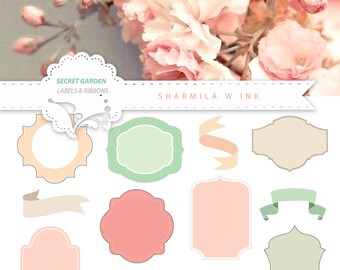 Secret Garden: Pastel Vintage Labels & Ribbons - Blush Pink Green Grey Peach Digital Clipart 16 pack - Free Commercial Use