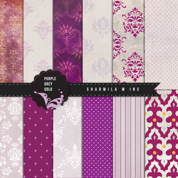 Purple grey gold faded damask digital paper pack with violet, grey, plum and lavender damask backgrounds