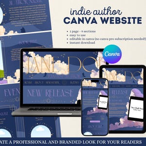 Pode incluir: Um modelo de site digital para autores independentes com um tema de céu azul escuro, nuvens, estrelas e silhuetas. O layout inclui um laptop, um tablet e um smartphone exibindo o design com o texto "indie author CANVA WEBSITE".