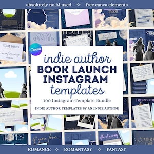 Puede incluir: Una colección de 100 plantillas digitales de Instagram para autores independientes, con temas azul oscuro y celestiales. El texto central dice indie author BOOK LAUNCH INSTAGRAM templates 100 Instagram Template Bundle.