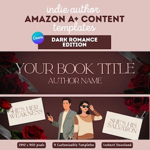 May include: Digital templates for Amazon A+ content featuring a dark romance theme. The design includes red roses, knives, and illustrations of a person in a blazer and a person in a sweater, with text reading YOUR BOOK TITLE, AUTHOR NAME, HE'S HER WEAKNESS, and SHE'S HIS SALVATION.