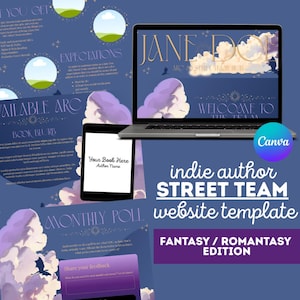 May include: A digital design for an indie author street team website template. The design features a laptop and tablet displaying website mockups, with text that reads "Jane Doe" and "Fantasy / Romantasy Edition."