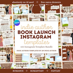 May include: A collection of digital Instagram templates for indie authors, featuring a brown and white color palette with autumn-themed graphics, book launch layouts, character profiles, and newsletter sign-up designs.