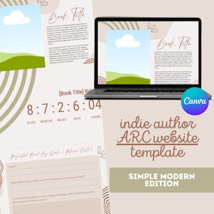 Pode incluir: Um design digital com um laptop exibindo um modelo de site com um gráfico de céu e paisagem. O design inclui um cronômetro de contagem regressiva, um formulário e o texto "indie author ARC website template" e "SIMPLE MODERN EDITION."