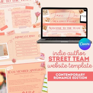May include: A laptop shows a website template with the text "Jane Doe" and "Welcome to the Team." The design uses a pink and peach colour scheme with floral accents. The template is for an indie author street team, contemporary romance edition.
