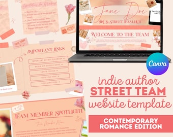 Modelo de site para equipe de divulgação de autores de romance | Canva One Page | Ferramentas para autores independentes (Download instantâneo)