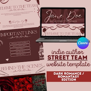 Może przedstawiać: Laptop wyświetla szablon strony internetowej dla niezależnego zespołu ulicznego autora z tekstem "Jane Doe ARC & STREET TEAM HUB" i "Welcome to the Team". Szablon ma motyw dark romance/romantasy. Widoczne jest logo Canva.