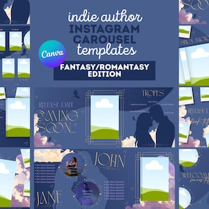 May include: A collection of digital Instagram carousel templates for indie authors, featuring a fantasy and romantasy theme. The dark blue layouts include placeholders for images, text fields for character facts, release dates, and tropes, with silhouettes of couples and clouds.