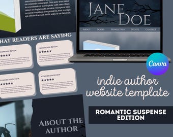 Modelo de site para autor de romances de suspense | Página inicial para autor independente no Canva (Download instantâneo)