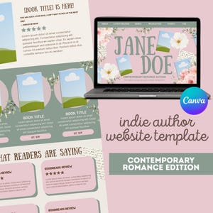 Könnte beinhalten: Ein Laptop zeigt eine Website-Vorlage für einen Indie-Autor mit einem rosa-weißen Blumendesign. Die Website enthält Bereiche für einen Newsletter, Veranstaltungen und Buchveröffentlichungen. Der Text "Jane Doe" ist prominent dargestellt.
