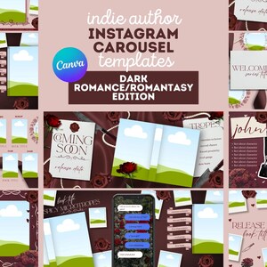 May include: A collection of digital Instagram carousel templates for indie authors, featuring a dark romance theme with maroon roses, pearls, and text overlays including "indie author," "DARK ROMANCE/ROMANTASY EDITION," and "COMING SOON."