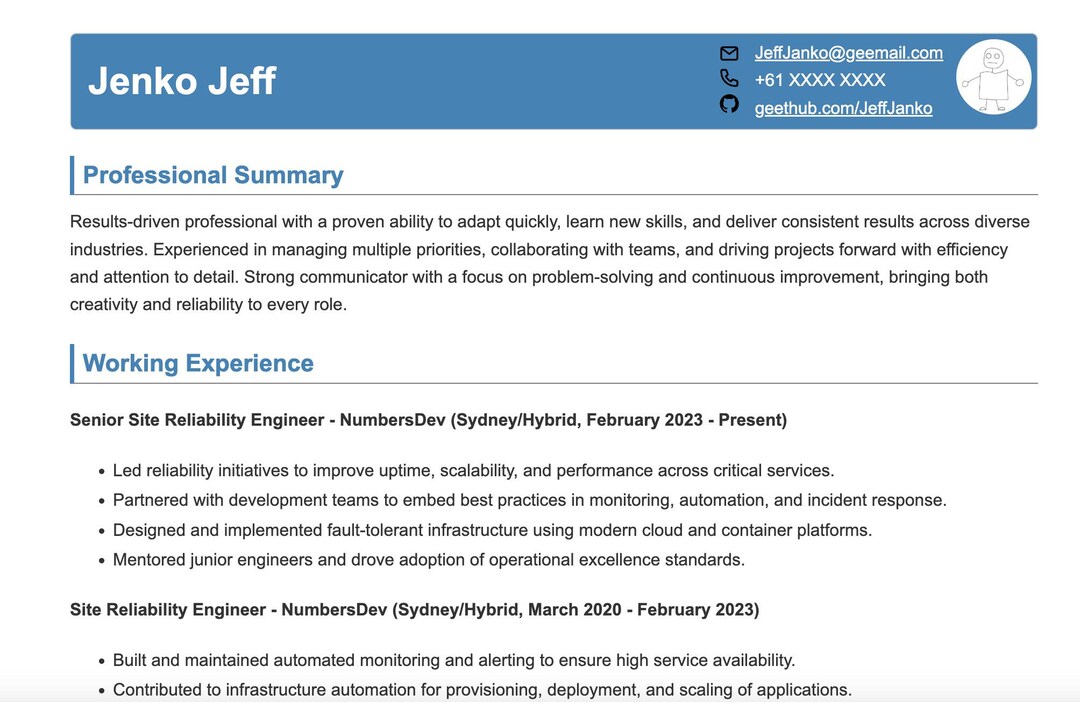 Rapid Resume Template Editable Markdown CV Developer, SRE, Engineer